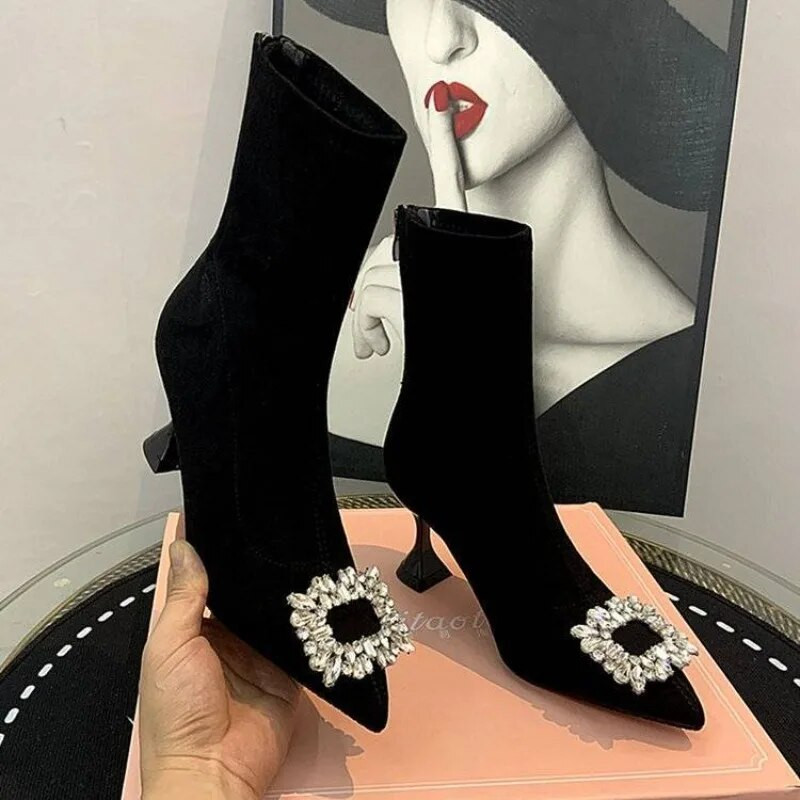 Κορεάτικη έκδοση του 2023 Rhinestone Design Booties Γυναικείες μπότες μονές ελαστικές μπότες Slim μαύρο στιλέτο Φθινοπωρινές γυναικείες μπότες