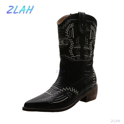 Cizme de damă până la genunchi Zlah New Western Cizme de cowboy Cizme ascuțite de iarnă Cizme calde de iarnă Cizme de cazac Cizme de damă