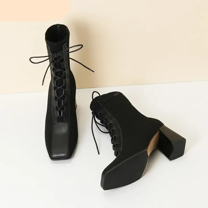 2023 Φθινόπωρο Χειμώνας 2022 Νέα μόδα ραφές πλεκτές ελαστικές κάλτσες Μπότες Ψηλοτάκουνες κοντές μπότες Γυναικεία τετράγωνα δάχτυλα