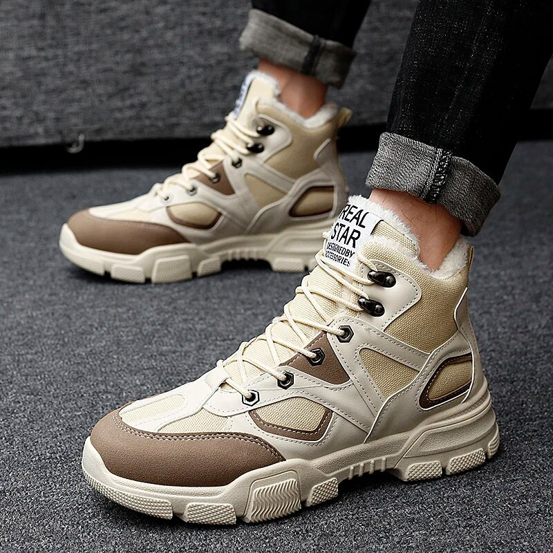 Talvised meeste saapad, nööriga plüüsis soe karusnahk Lumesaapad Meeste välitöö vabaajajalatsid meeste sõjajalanõud kummist poolsaapad meestele