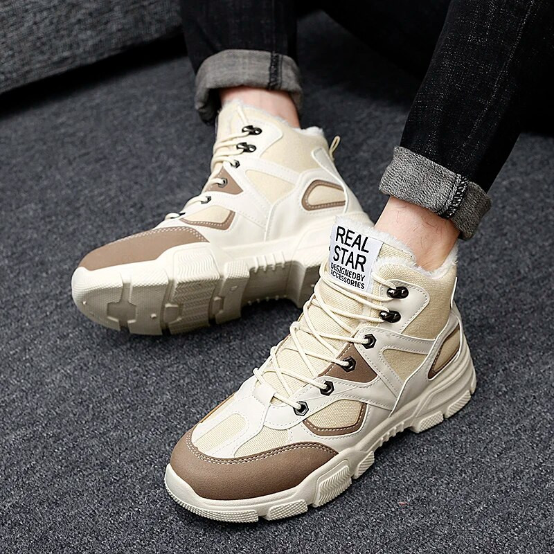 Talvised meeste saapad, nööriga plüüsis soe karusnahk Lumesaapad Meeste välitöö vabaajajalatsid meeste sõjajalanõud kummist poolsaapad meestele