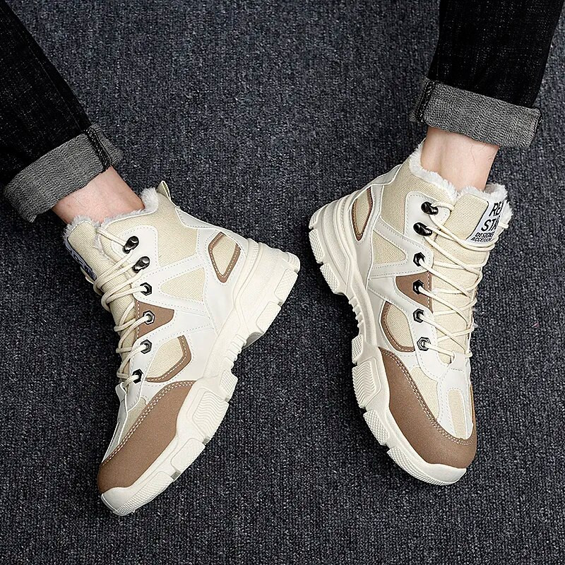 Talvised meeste saapad, nööriga plüüsis soe karusnahk Lumesaapad Meeste välitöö vabaajajalatsid meeste sõjajalanõud kummist poolsaapad meestele