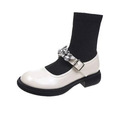 Jesen u britanskom stilu 2021., crne nove modne čarape Mary Jane, modne niske potpetice, ženske čizme s okruglim prstima do sredine lista s kamenčićima