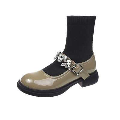 Jesen u britanskom stilu 2021., crne nove modne čarape Mary Jane, modne niske potpetice, ženske čizme s okruglim prstima do sredine lista s kamenčićima