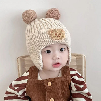 Зимна бебешка шапка Шапка с карикатура Мечка Защита на ушите Плетена шапка за малки деца Момчета Момичета Сладки корейски топли детски плетени шапки Gorros
