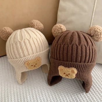 Winter Baby Beanie Cap Cartoon Bear Aar Protection Πλεκτό καπέλο για νήπια αγόρια κορίτσια Χαριτωμένα κορεάτικα ζεστά παιδικά καπέλα με βελονάκι Gorros