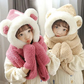 Σετ γάντια κασκόλ 3 σε 1 καπέλο Παιδικά καρτούν αρκουδάκι αυτί βελούδινη κουκούλα αυτί Καπάκι Χειμώνας Ζεστό κορίτσια Αγόρια Φουλάρια φασολιών