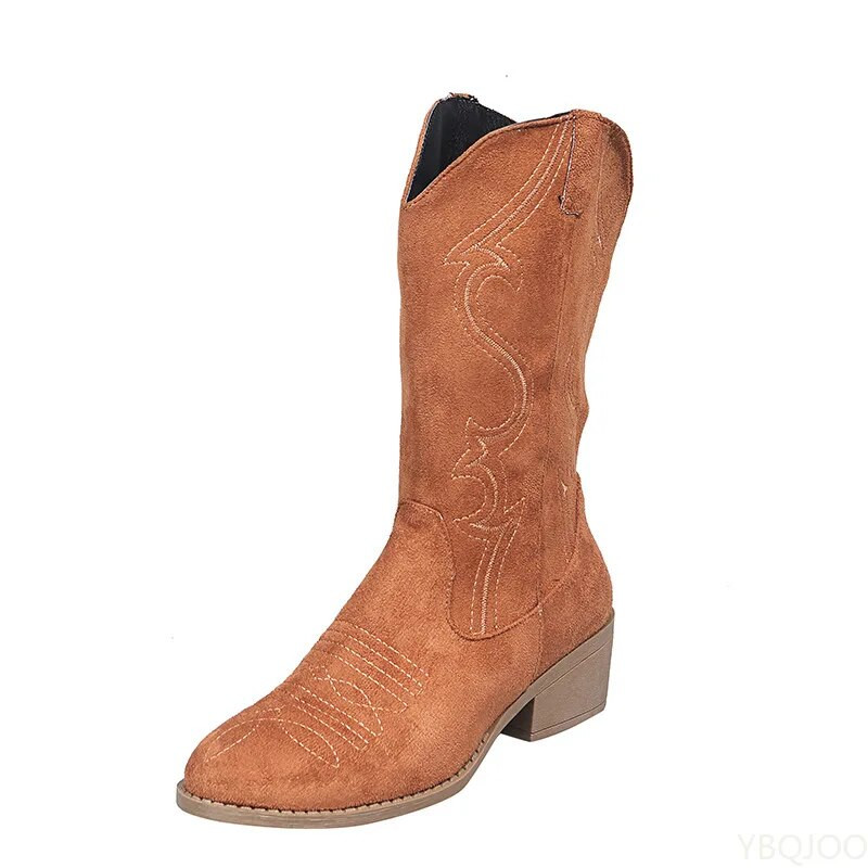 Cizme occidentale pentru femei, toamnă, epocă, cu tub lung, cizme cavaler, brodate pentru femei, pantofi din piele cu toc înalt, cizme de cowboy până la genunchi