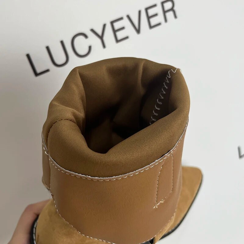 Dámske čižmy Lucyever s retro výšivkou, westernové, nazúvacie, na hrubých podpätkoch, kovbojské čižmy, model 2023, špicatá špička, do polovice lýtok