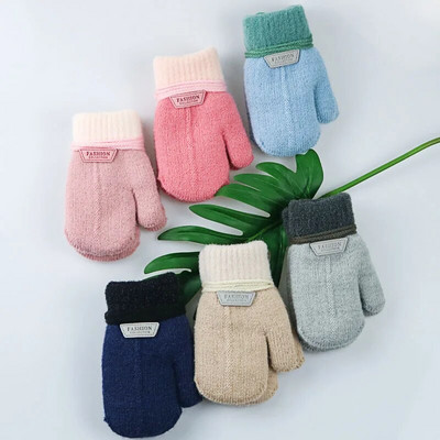 Vaikiškos pirštinės Žieminės Solid Thicken Plus Velvet Halter Pirštinės vaikams Mažiems Vaikams Lauke Šiltos megztos kumštinės pirštinės su virve