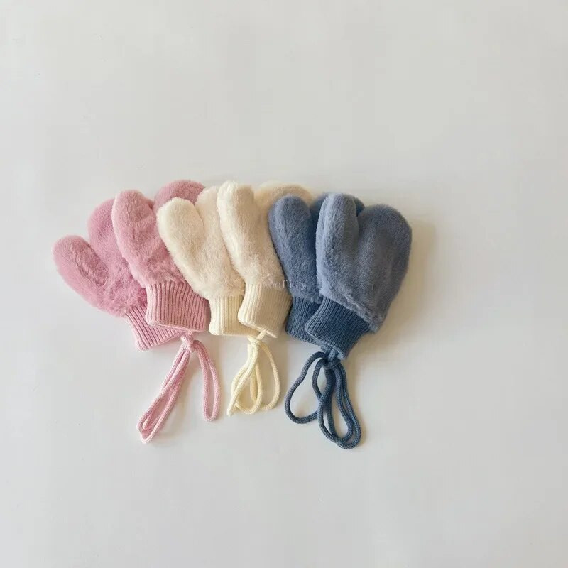 1-4 Y Baby Cartoon Bear Label Γάντια Χειμώνας ζεστά παιδικά γάντια για κορίτσια μαλακή γούνα Παιδιά νήπιο Χοντρό παιδικό δέρας γάντια κινουμένων σχεδίων