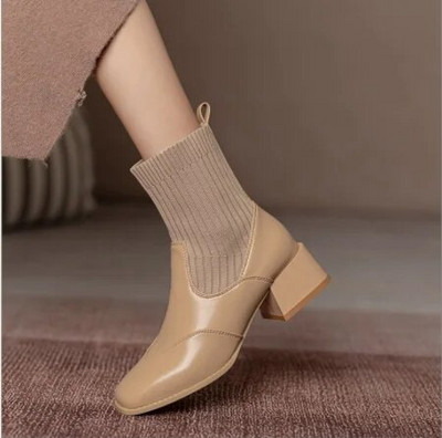 Γυναικεία χειμερινή μπότα με σφήνα τακούνι μόδας και αισθητική με μυτερή πλεκτή μαλακή και άνετη αναπνεύσιμη σόλα από καουτσούκ2023 Νέο