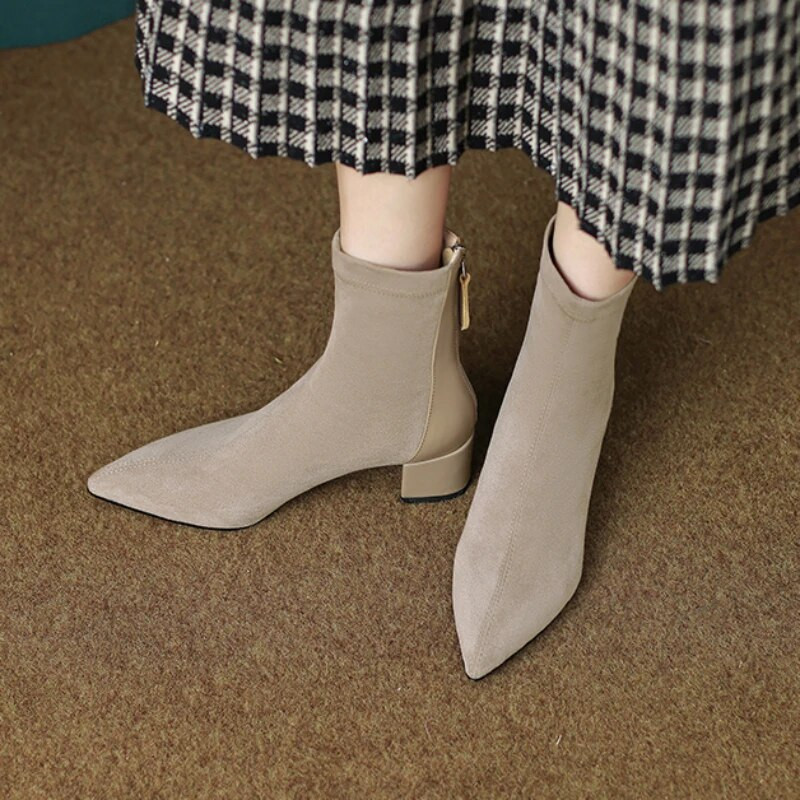 Γυναικεία ψηλοτάκουνα κομψά σέξι μποτάκια μονόχρωμα ραψίματα γυναικεία παπούτσια Φθινοπωρινά Νέα σουέτ μπότες μόδας με φερμουάρ Zapatos