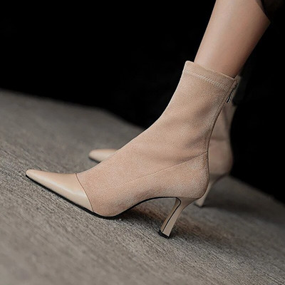 Cizme de damă cu vârf ascuțit, cu toc înalt, cu fermoar, cizme scurte de damă, până la jumătatea gambei, la modă, de culoare uni, catifea, pantofi pentru femeie mature OL