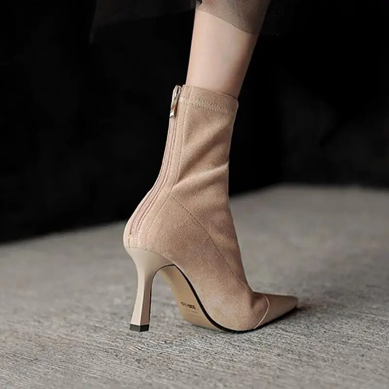 Cizme de damă cu vârf ascuțit, cu toc înalt, cu fermoar, cizme scurte de damă, până la jumătatea gambei, la modă, de culoare uni, catifea, pantofi pentru femeie mature OL