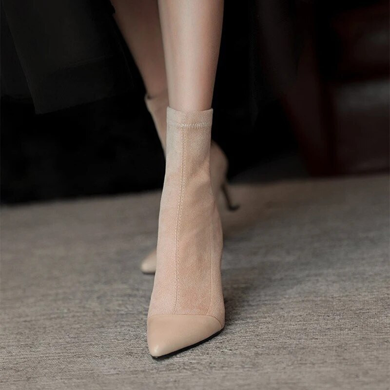 Cizme de damă cu vârf ascuțit, cu toc înalt, cu fermoar, cizme scurte de damă, până la jumătatea gambei, la modă, de culoare uni, catifea, pantofi pentru femeie mature OL