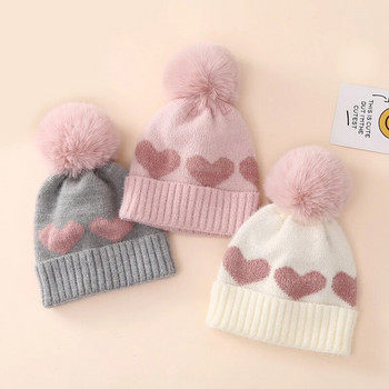 Καπέλο μωρού Fuax Fur Pompom Καρδιά Πλεκτομηχανές Φθινοπωρινό Χειμώνα Νεογέννητο Καπέλο Beanie για νήπιο Ζεστό βελονάκι για κορίτσια Καπέλα για αγόρια