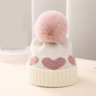 Pălărie cu pompon din blană Fuax, cu inimă, tricotat, toamnă, iarnă, nou-născut, pălărie pentru copii, croșetat cald, fete, băieți