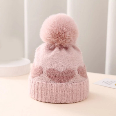 Pălărie cu pompon din blană Fuax, cu inimă, tricotat, toamnă, iarnă, nou-născut, pălărie pentru copii, croșetat cald, fete, băieți