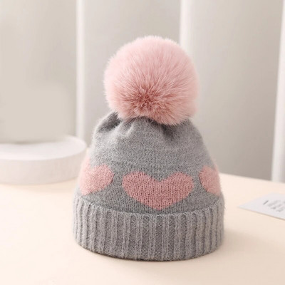 Pălărie cu pompon din blană Fuax, cu inimă, tricotat, toamnă, iarnă, nou-născut, pălărie pentru copii, croșetat cald, fete, băieți