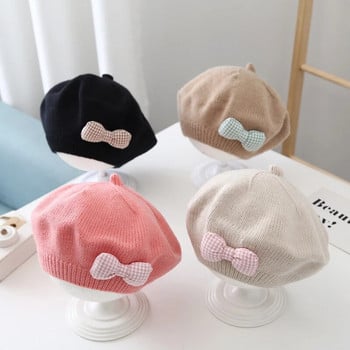 Καρό Φιόγκος Baby Beret Vintage Πλεκτό Καπέλο Μπερέ για Παιδιά Μονόχρωμο Ζεστό Καλλιτέχνης Ζωγράφος Καπέλο Φθινόπωρο Χειμώνας