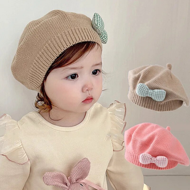 Beretă pentru copii cu fundă în carouri, beretă tricotată de epocă, pălărie pentru copii, culoare solidă, caldă, pictor, șapcă toamnă iarnă