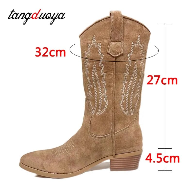 Kauboisaapad naistele Moodsad tikitud terava ninaga saapad Naise kandilise kontsaga sügistalvised lääne saapad papud