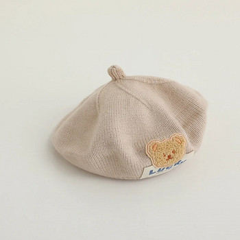 Χαριτωμένο γράμμα Bear Baby Beret Χειμώνας Άνοιξη Ζεστό Πλεκτό Καπέλο Μπερέ Κορεάτικα Παιδικά Κορίτσια Καλλιτέχνης Ζωγράφος Καπέλο μονόχρωμο Beanie