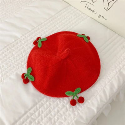 Aranyos cseresznye bébi svájcisapka egyszínű meleg kötött sapka csecsemő fiú lány koreai téli gyerekek művész festő sapkák motorháztető