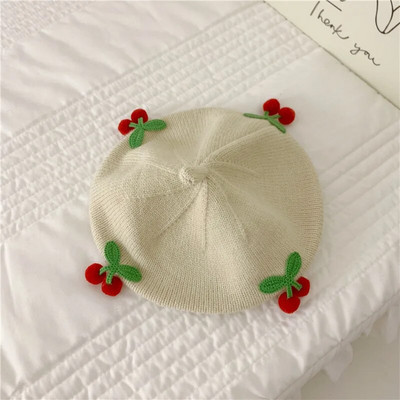 Aranyos cseresznye bébi svájcisapka egyszínű meleg kötött sapka csecsemő fiú lány koreai téli gyerekek művész festő sapkák motorháztető