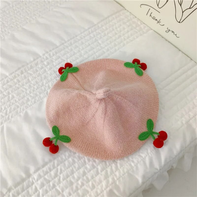 Aranyos cseresznye bébi svájcisapka egyszínű meleg kötött sapka csecsemő fiú lány koreai téli gyerekek művész festő sapkák motorháztető