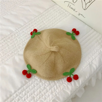 Aranyos cseresznye bébi svájcisapka egyszínű meleg kötött sapka csecsemő fiú lány koreai téli gyerekek művész festő sapkák motorháztető