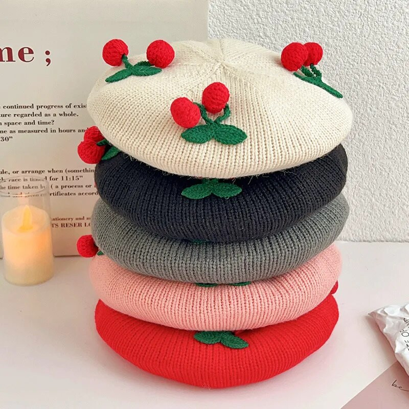 Aranyos cseresznye bébi svájcisapka egyszínű meleg kötött sapka csecsemő fiú lány koreai téli gyerekek művész festő sapkák motorháztető