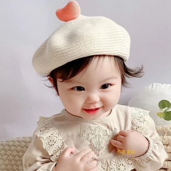 Φθινοπωρινό νέο μωρό μπερέ για κορίτσια με πλεκτό καπέλο για βρέφη καρδιά Lovely Painter Cap Winter ζεστά καπέλα Παιδικά στηρίγματα φωτογραφίας 1-3Y