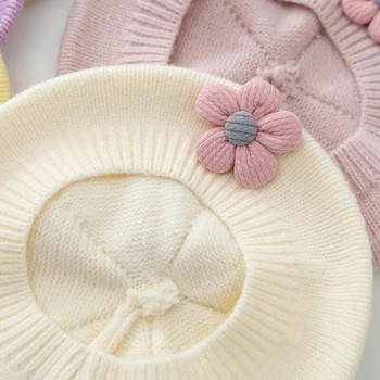 Бебешка шапка с флорална барета, плетена вълнена шапка с шапка, есен, зима, топла шапка на художник, художник, шапка в стил принцеса, шапка с барета с цветя за деца, момичета