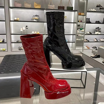 2023 Niche European and American Red Patent Δερμάτινες μπότες με χοντρό τακούνι, αδιάβροχες πλατφόρμες, ψηλοτάκουνες κοντές μπότες