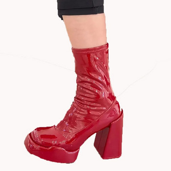2023 Niche European and American Red Patent Δερμάτινες μπότες με χοντρό τακούνι, αδιάβροχες πλατφόρμες, ψηλοτάκουνες κοντές μπότες