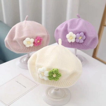 Сладко цвете Бебешка шапка с барета Есен Зима Топла плетена шапка с шапка за бебета Едноцветна принцеса Прохождащи момичета Шапки за рисуване