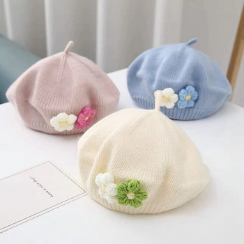 Сладко цвете Бебешка шапка с барета Есен Зима Топла плетена шапка с шапка за бебета Едноцветна принцеса Прохождащи момичета Шапки за рисуване