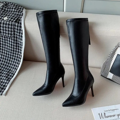 Tocuri Stiletto Cizme sexy peste genunchi Cizme negre cu toc înalt Moda Simplu Skinny Cizme cu toc înalt Cizme de iarnă 35-39