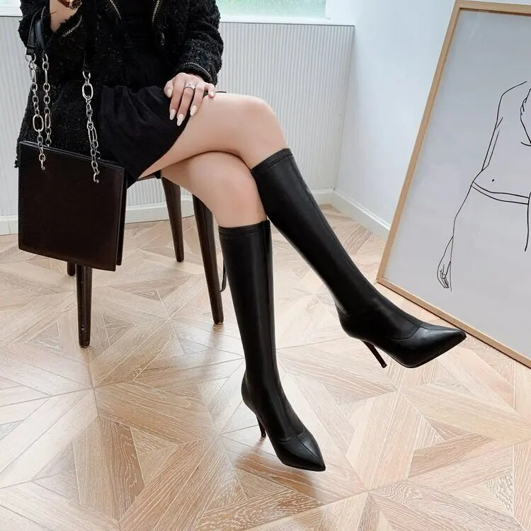 Tocuri Stiletto Cizme sexy peste genunchi Cizme negre cu toc înalt Moda Simplu Skinny Cizme cu toc înalt Cizme de iarnă 35-39
