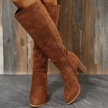 Γυναικείες ρετρό ψηλοτάκουνες μπότες Western Cowboy Chunky Παπούτσια 2023 Φθινόπωρο Χειμώνας Νέες ζεστές βελούδινες δερμάτινες ψηλές μακριές σουέτ μπότες