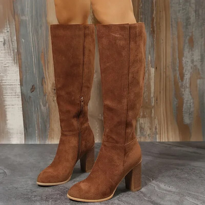 Cizme retro pentru femei cu tocuri înalte Western Cowboy Pantofi grosi 2023 toamnă iarnă noi cizme calde din piele de pluș până la genunchi.