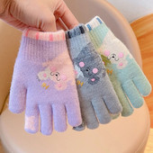Iarna copii din desene animate tricotate pluș mănuși cu cinci degete îngroșate pentru fetițe, în aer liber, moale, rezistente la vânt, mănuși calde, mănuși pentru copii