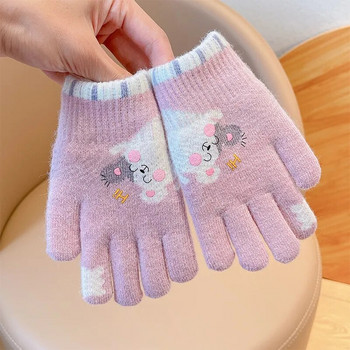 Зимни детски анимационни плетени плюшени удебелени ръкавици с пет пръста Бебешки момичета Меки външни ветроустойчиви топли ръкавици Детски ръкавици