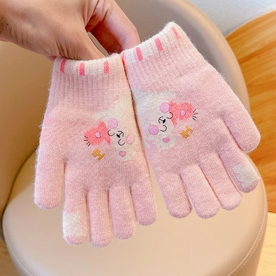 Iarna copii din desene animate tricotate pluș mănuși cu cinci degete îngroșate pentru fetițe, în aer liber, moale, rezistente la vânt, mănuși calde, mănuși pentru copii