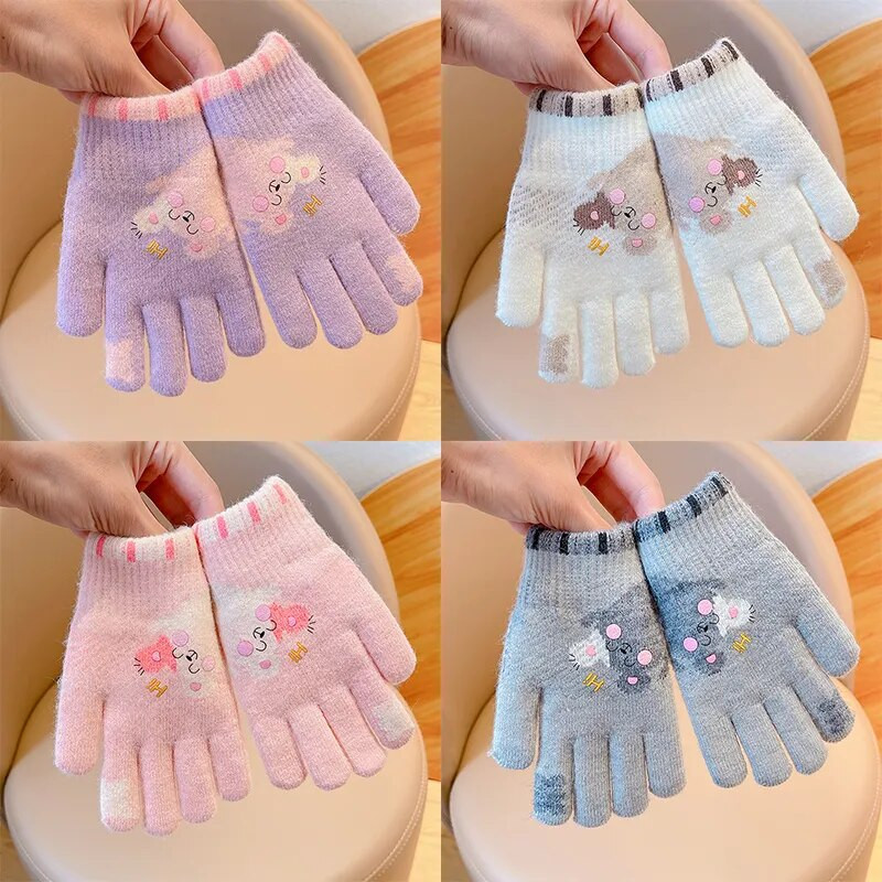 Iarna copii din desene animate tricotate pluș mănuși cu cinci degete îngroșate pentru fetițe, în aer liber, moale, rezistente la vânt, mănuși calde, mănuși pentru copii