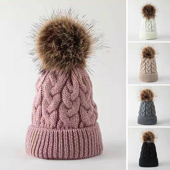 Бебешка плетена шапка с голям помпон, едноцветна шапка с шапка за бебета, момчета, момичета, есен, зима, топли дебели детски шапки с шапка, боне