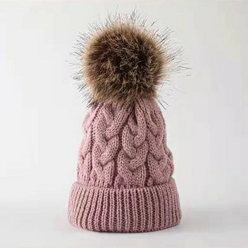 Бебешка плетена шапка с голям помпон, едноцветна шапка с шапка за бебета, момчета, момичета, есен, зима, топли дебели детски шапки с шапка, боне