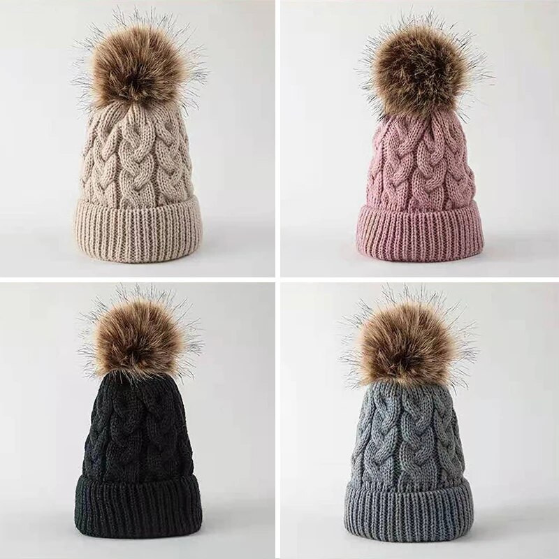 Big Pompom Beebi kootud müts ühevärviline nokamüts imikutele poistele Tüdrukutele Sügis Talv Soe Paks Väikelapse Laste Nokamütsid Kapott